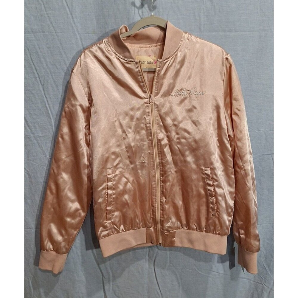 Lady Gaga Womens Satin Bomber Jacket Solid Pink Full Zip Embroidered Front L NWT